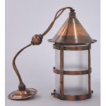 An Arts & Crafts oxidised brass lantern, early 20th c, with rose and knop, frosted glass cylindrical