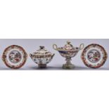 Two Mason's Ironstone sauce tureens and covers, c1820, with flower knop, one with cobalt and