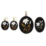 Four similar Victorian oval pietre dure plaques, variously mounted comprising a pair of earrings