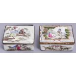 Two Continental enamel boxes, 18th c and later, painted in polychrome with lovers in romantic