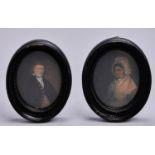 English School, late 18th c - Portrait Miniatures of a Lady and a Gentleman, half length, he in a