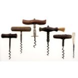 Five Victorian and early 20th c straight pull corkscrews, with turned or other wood handle, one with
