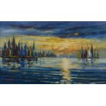 T H Wang, 20th century - Sailing Boats at Sunrise, signed, oil on canvas, 45 x 75cm Good condition