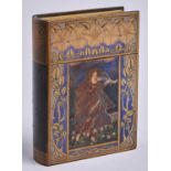 An Arts and Crafts polychrome, sycamore and poker work book shaped box and cover, c1910, 19.5cm h An