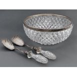 A Victorian silver mounted cut glass salad bowl and pair of cut glass hafted silver salad servers,