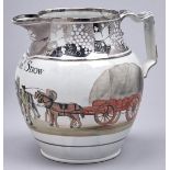 An inscribed silver resist pearlware jug, c1820, painted in polychrome with a wagoner and his team