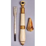 A fine French gilt brass and turned ivory handle, early 19th c, 14cm l, a Victorian bone whistle and