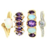 An amethyst and opal ring, in 14ct gold, size P½ and three other gem set rings, in gold, one