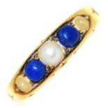 A Victorian split pearl and lapis lazuli ring, in 18ct gold, Birmingham 1881, 3.9g, size K Light