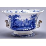 A Staffordshire blue printed earthenware British Palaces pattern footed bowl or tureen, possibly