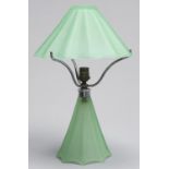 An English art deco frosted green glass table lamp and shade, with chromium plated mount, c1940,