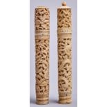 Needlework Tools. Two similar Chinese carved ivory netting tool cases, mid 19th c, profusely and