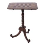 A Victorian walnut and specimen wood tripod games table, mid 19th c, the oblong top crossbanded in
