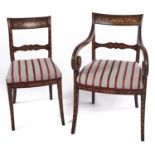 A Dutch mahogany and floral marquetry elbow chair and a side chair en suite, 19th c, on sabre