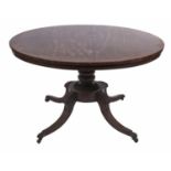 An early Victorian mahogany breakfast table, the round top crossbanded in rosewood, on bulbous