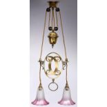 An early electric rise-and-fall electrolier, early 20th c, the rose and acorn shaped brass cased