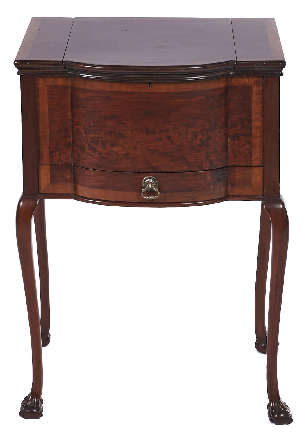 An Edwardian bow centred mahogany and crossbanded wax table, on cabriole legs, lined in watered blue