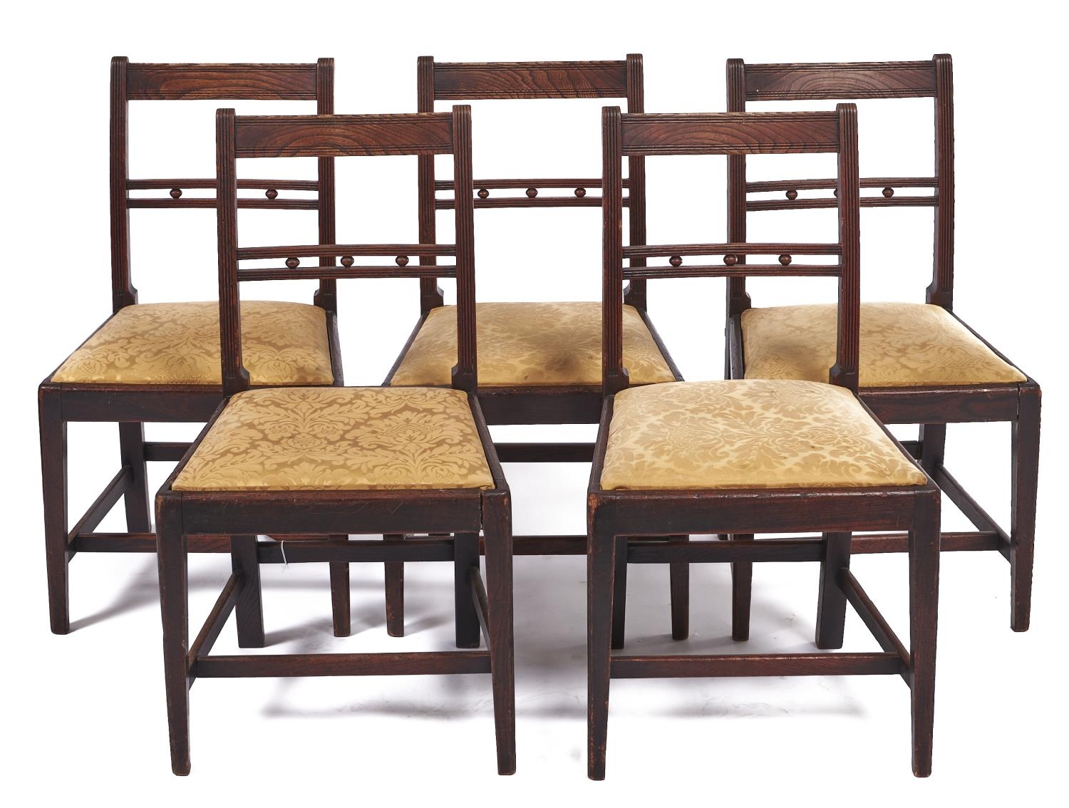 A set of five George IV elm dining chairs, early 19th c, seat height 42cm Typical wear and marks,