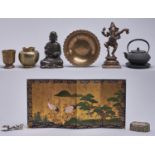 A Japanese iron teapot and cover, 12cm h and miscellaneous South East Asian bronze and brass
