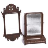 A George II walnut dressing mirror, the bevelled plate in gilt slip between scratch moulded uprights