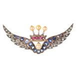 A ruby, sapphire, diamond and pearl coronet and wings brooch, early 20th c, in gold, 60mm, 8.5g