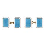 A pair of gold and turquoise guilloche enamel cufflinks, c1930, with white enamel border, 10 x 15mm,