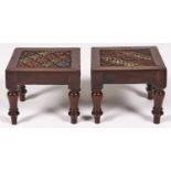 A pair of William IV miniature foot stools, with woolwork tops and turned legs, 22cm h; 27 x 26cm