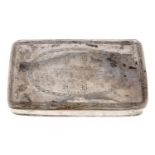 A French silver table snuff box, the lid engraved with inscription and initials encircled by bays,
