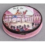 An oval enamel bonbonniere, 19th c, the lid painted with boxers and spectators, the base pink,