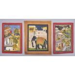 Three Indian miniatures, 19th c, the larger of a lady mounting an elephant, 22 x 17cm Minor handling