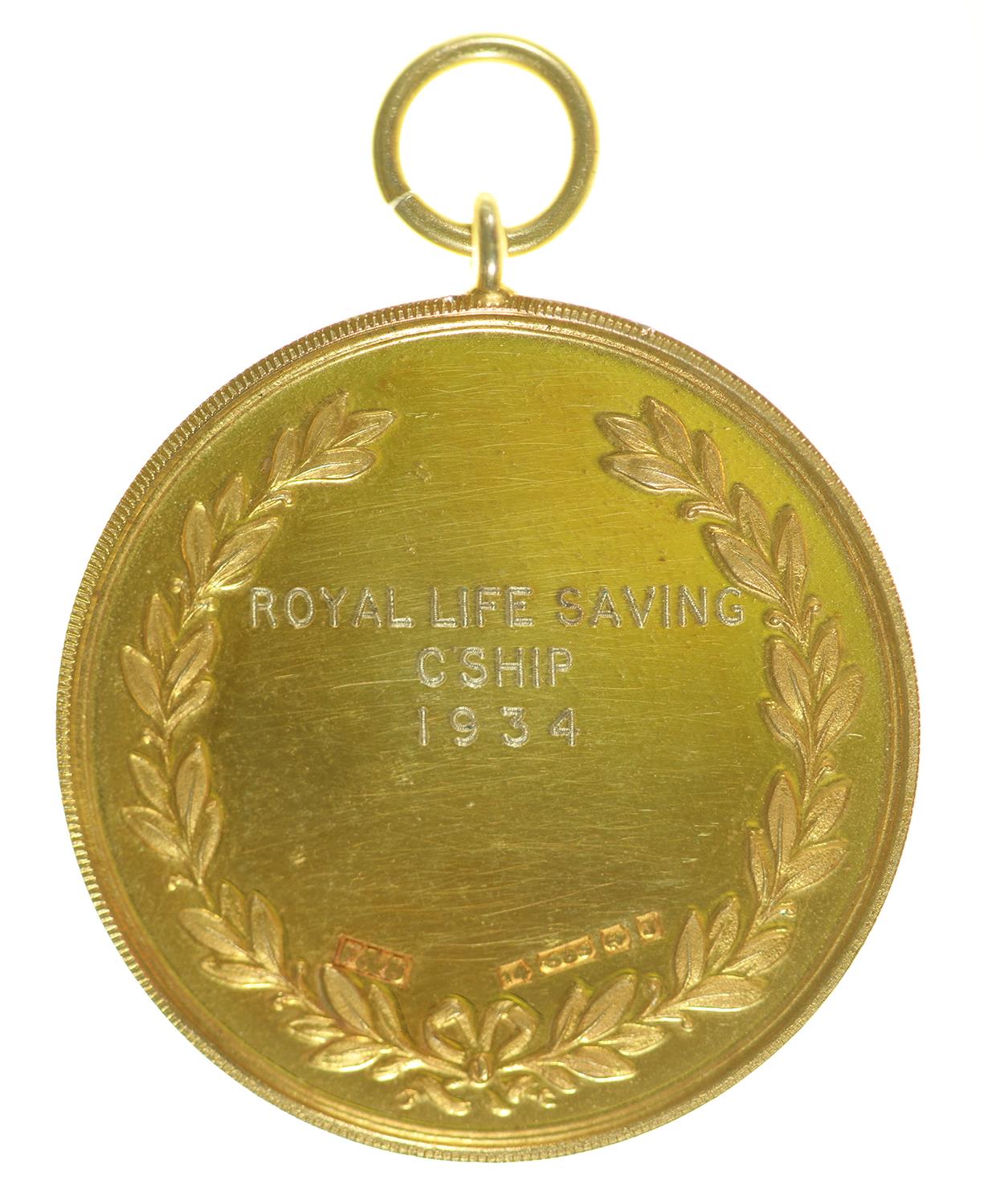 Police Athletic Association. Royal Life Saving Championship 1934 14ct gold medal, 33mm, by Fattorini - Image 2 of 2