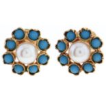 A pair of cultured pearl and split turquoise stud earrings, in gold, 1.1g Good condition