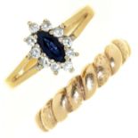 A sapphire and white stone navette cluster ring, in 9ct gold and another 9ct gold ring, 3.7g, size L