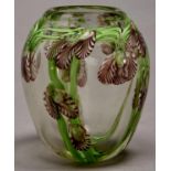 An internally decorated oviform glass vase, 20th c, with aubergine flowers on long trailing green