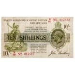 Bank Note. Treasury, Bradbury ten shillings, red, B square dot, F/VF