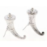 A pair of Norwegian silver drinking horn novelty salt and pepper casters, 20th c, 60mm h, maker's