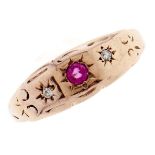 A ruby and diamond ring, c1900, in 9ct gold, gipsy set, Chester, other marks rubbed, 1.2g, size M