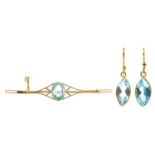 A blue zircon bar brooch and pair of earrings, in gold, brooch 65mm, unmarked, 4.7g Stone in