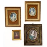 A French Boulle style miniature frame containing a portrait miniature of a lady in a green dress,