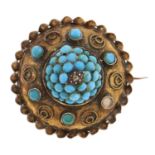 A Victorian diamond, split turquoise and gold brooch, c1870, locket back, 7.6g Lacking one