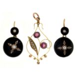 A pair of Victorian split pearl, black onyx and gold earrings, wire loop, 24mm including loop and