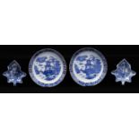 A pair of hard paste blue and white fluted saucer dishes, probably Coalport, c1800-05, transfer