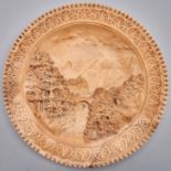 A W Schiller & Sohn relief moulded terracotta plaque of Chamonix, late 19th c, 34.5cm diam, marks