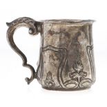 An art nouveau embossed silver christening mug, with leaf capped scroll handle, 75mm h, by Robert