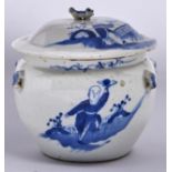 A Chinese blue and white globular bowl and low domed cover, 19th / early 20th c, with dog of Fo