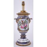 A French gilt lacquered, brass mounted cobalt ground porcelain oil lamp, c1880, slightly waisted