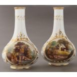 A pair of Derby bottle vases, c1820, painted with a thatched cottage or river scene in oval gilt