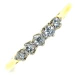 A five stone diamond ring, gold hoop marked -PLAT, 1.8g, size Q Light wear