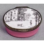 A South Staffordshire enamel patch box, c1780, the lid transfer printed with a man and dog near a