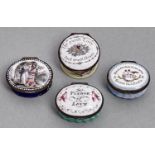 Four enamel patch boxes, c1780, the lid of each printed and painted with emblems of love, the base